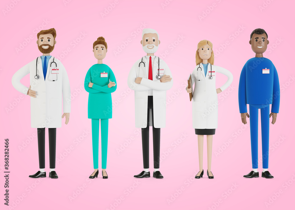 Doctors. A group of medical workers. Chief physician and medical specialists. 3D illustration in cartoon style. Doctors. A group of medical workers. Chief physician and medical specialists. 3D illustration in cartoon style.