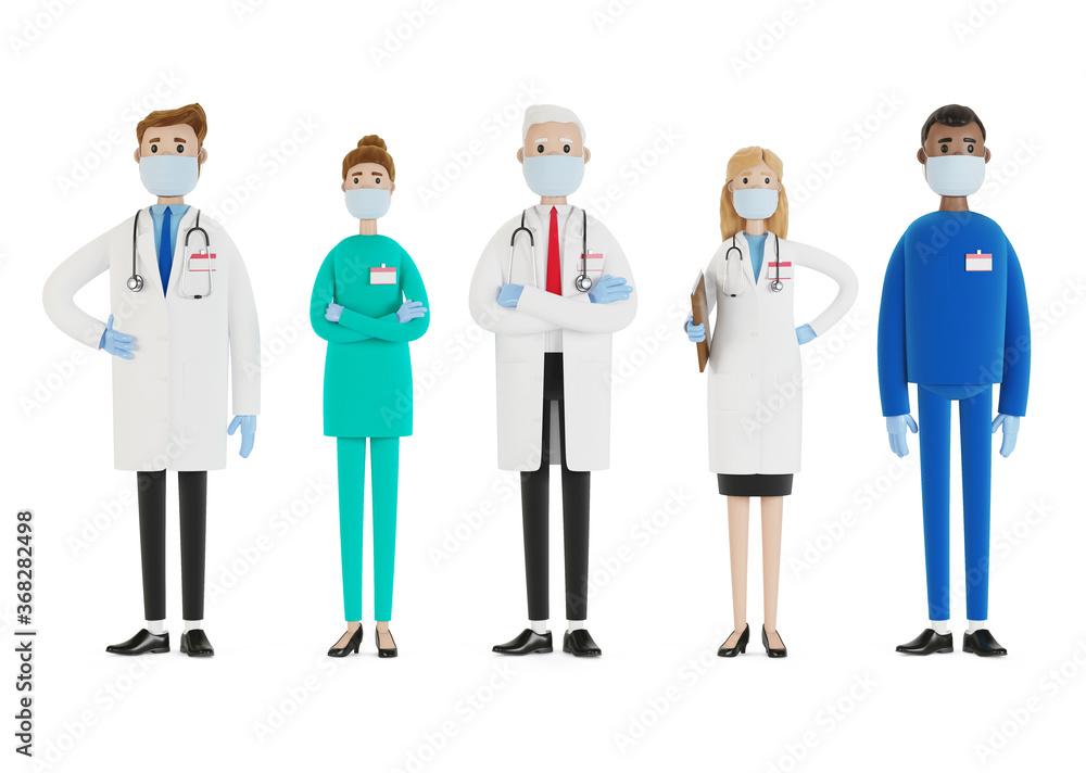 Doctors. A group of medical workers wearing two masks and wearing medical gloves. Chief physician and medical specialists. 3D illustration in cartoon style. Doctors. A group of medical workers wearing two masks and wearing medical gloves. Chief physician and medical specialists. 3D illustration in cartoon style.