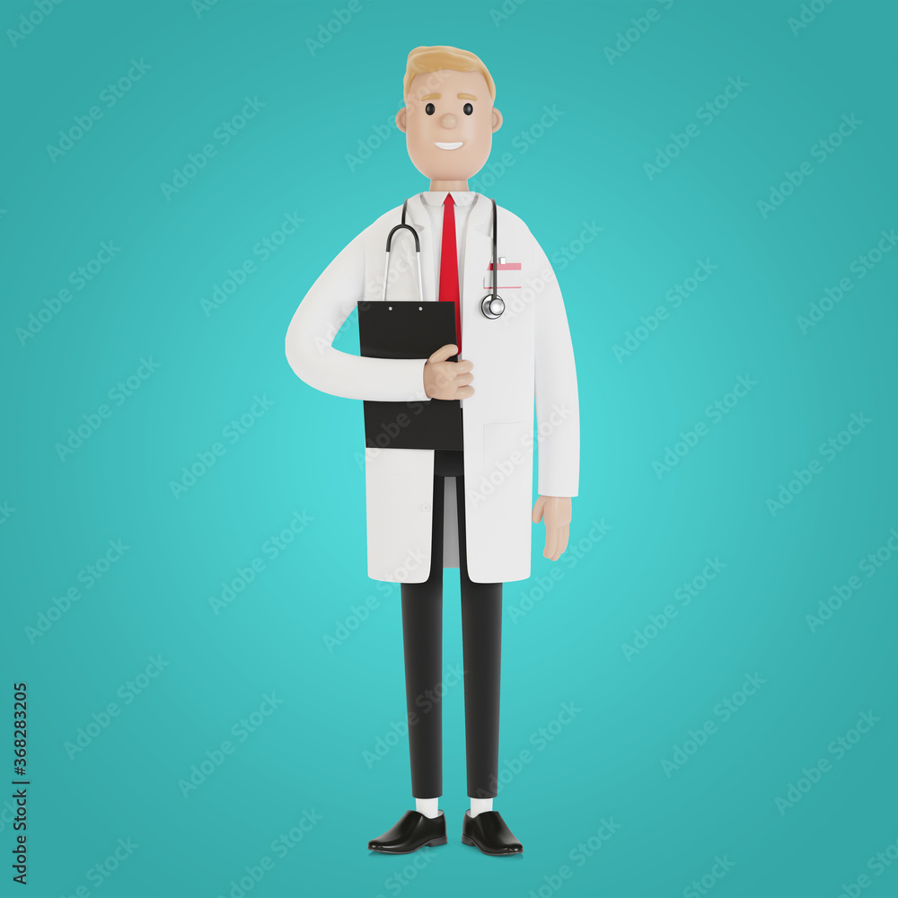 Portrait of a male doctor with a folder in his hands. 3D illustration in cartoon style. Portrait of a male doctor with a folder in his hands. 3D illustration in cartoon style.