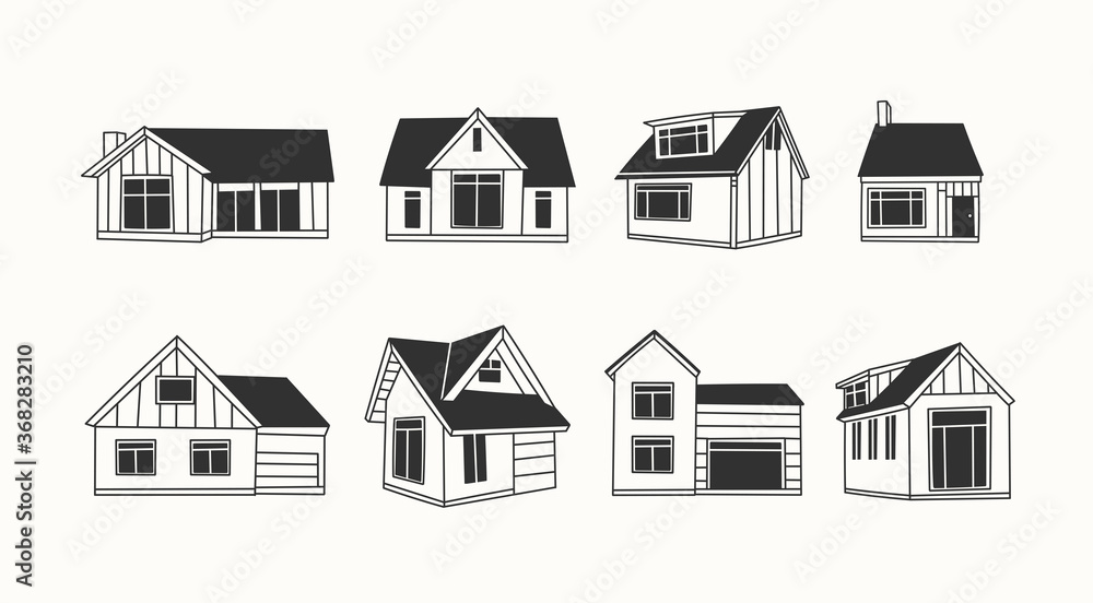 Various Outline Small and tiny houses. White walls, black windows. Different facades. Scandinavian style. Hand drawn trendy illustrations. Black and white Vector set. Every building is isolated