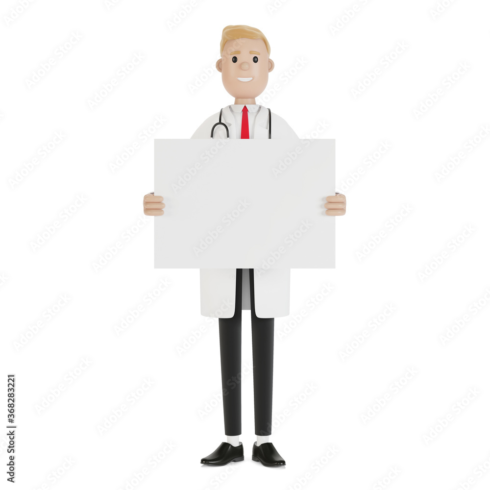 Medical specialist holding a blank poster. 3D illustration in cartoon style. Medical specialist holding a blank poster. 3D illustration in cartoon style.