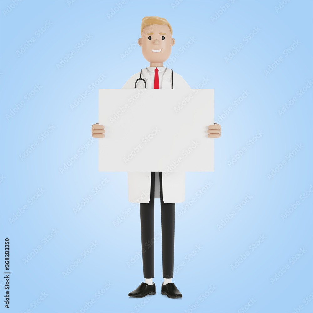 Medical specialist holding a blank poster. 3D illustration in cartoon style. Medical specialist holding a blank poster. 3D illustration in cartoon style.
