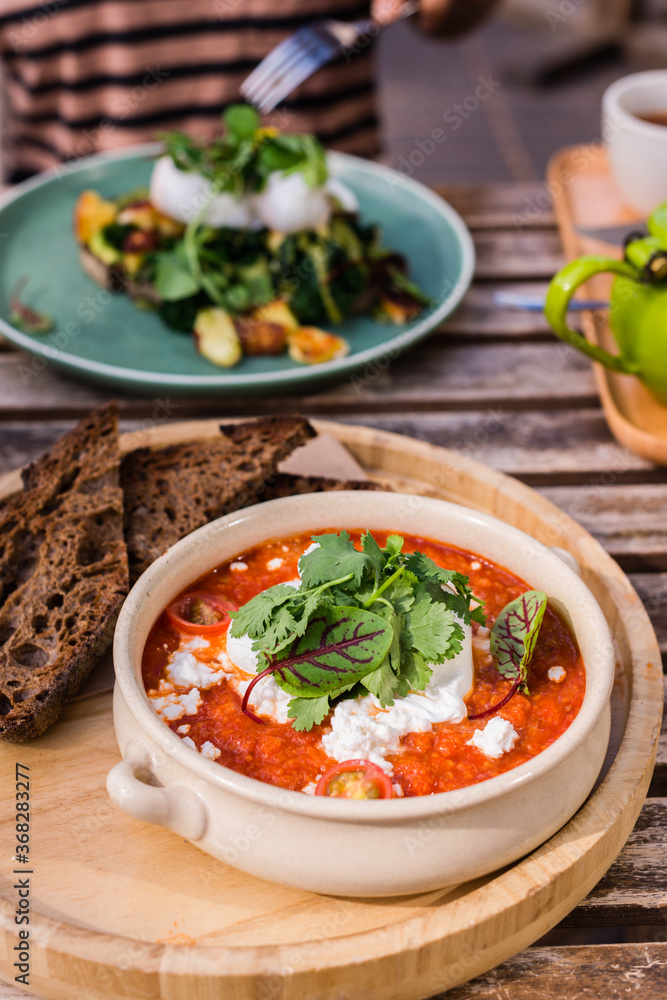 shakshuka eggs, cafe breakfast shakshuka eggs, cafe breakfast