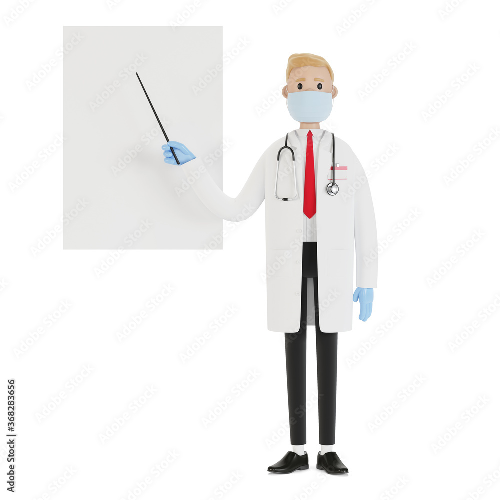 A male doctor stands and points to a presentation board. Vision test. 3D illustration in cartoon style. A male doctor stands and points to a presentation board. Vision test. 3D illustration in cartoon style.