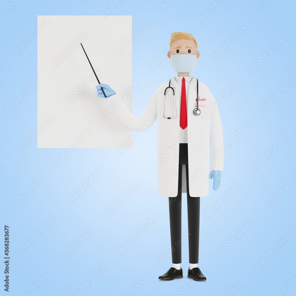 A male doctor stands and points to a presentation board. Vision test. 3D illustration in cartoon style. A male doctor stands and points to a presentation board. Vision test. 3D illustration in cartoon style.