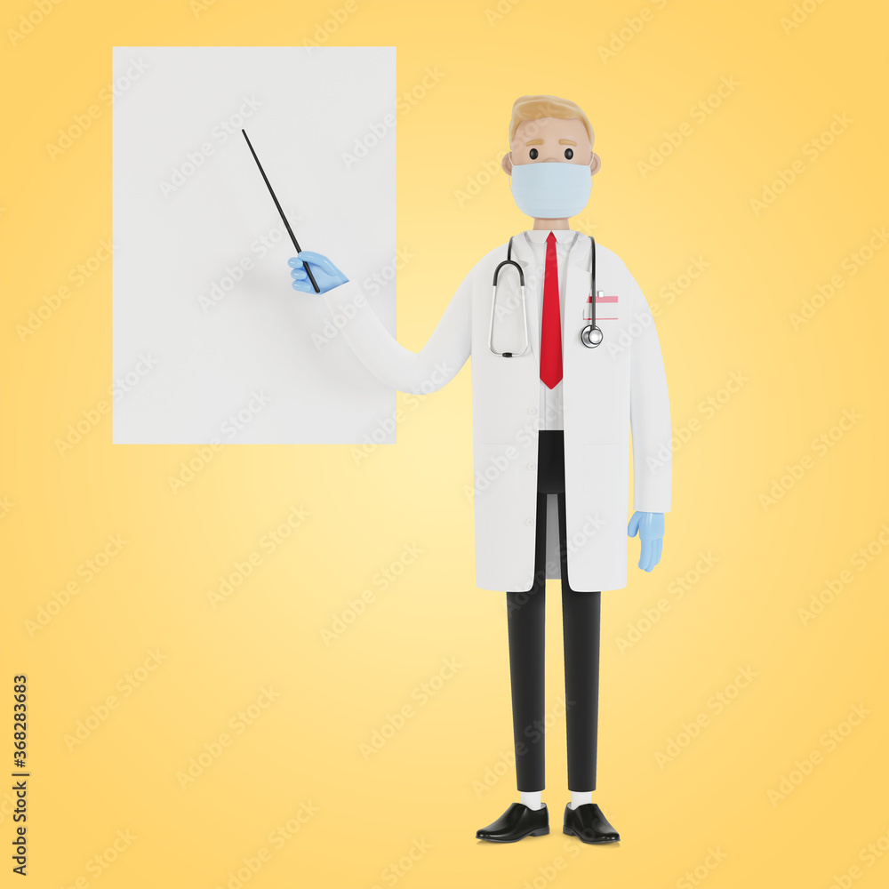 A male doctor stands and points to a presentation board. Vision test. 3D illustration in cartoon style. A male doctor stands and points to a presentation board. Vision test. 3D illustration in cartoon style.