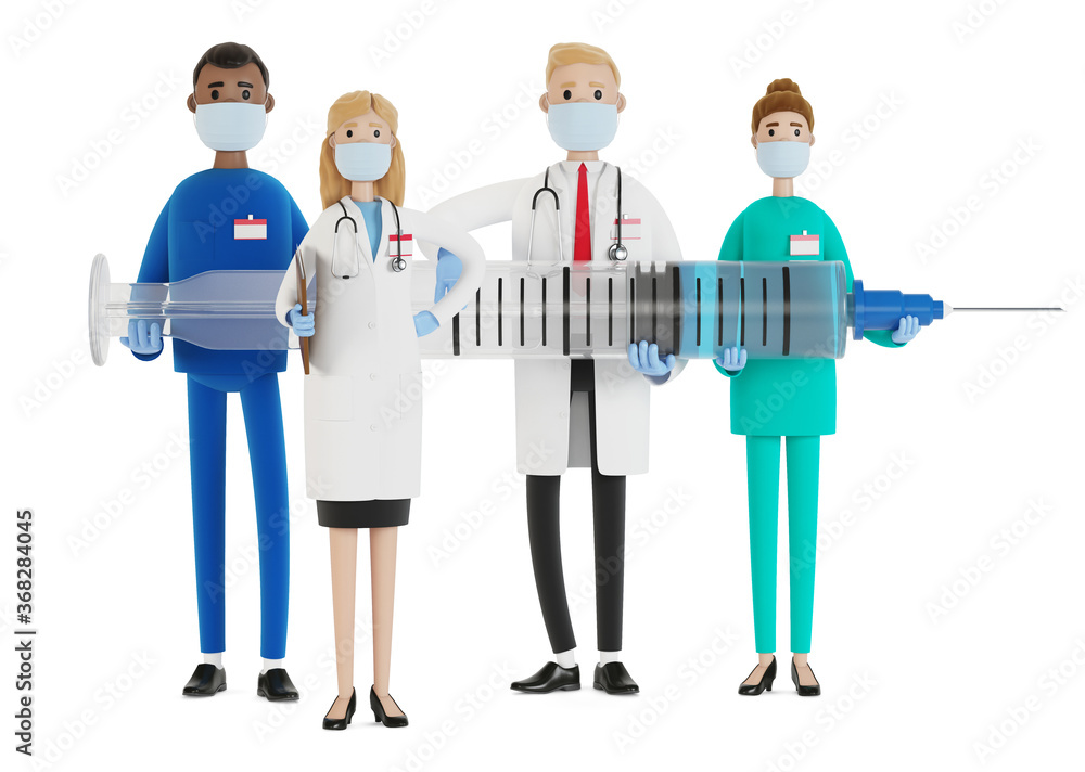 Doctors. A group of medical workers are holding a syringe. Chief physician and medical specialists. 3D illustration in cartoon style. Doctors. A group of medical workers are holding a syringe. Chief physician and medical specialists. 3D illustration in cartoon style.