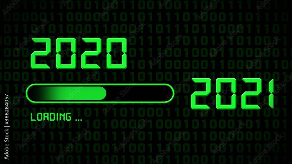 Year change 2021 - progress bar showing loading of the New Year in front of black background - graphic elements and year digits in green color- 3D illustration