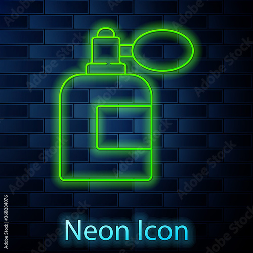 Glowing neon line Aftershave bottle with atomizer icon isolated on brick wall background. Cologne spray icon. Male perfume bottle. Vector Illustration.