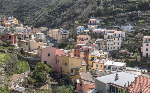 Riomaggiore village, first & most southern of Cinque Terre coastal villages, located in a small & narrow uphill valley, as seen from north to south, La Spezia, Liguria region, Italy. © MoVia1