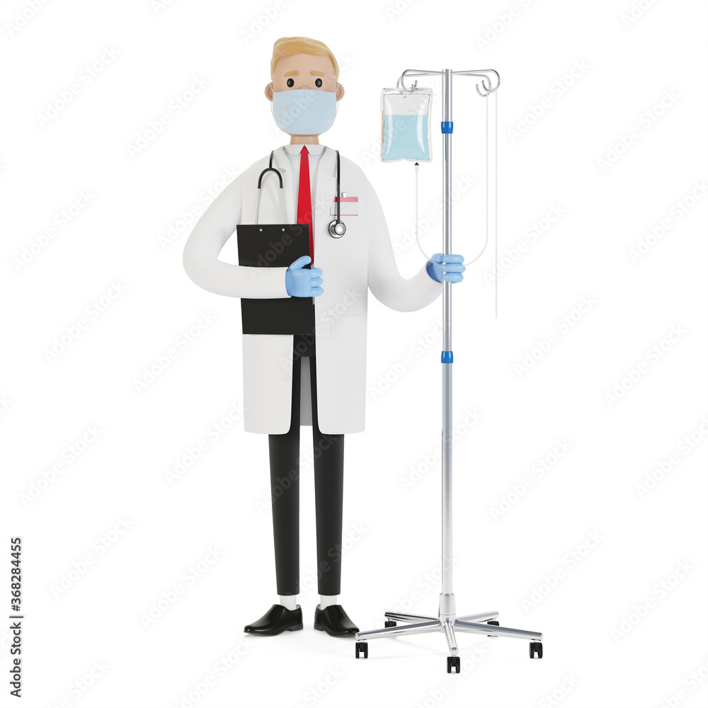 Doctor with a dropper. Toxicology, intexication, decontamination. Health care concept. Medical equipment. 3D illustration in cartoon style. Doctor with a dropper. Toxicology, intexication, decontamination. Health care concept. Medical equipment. 3D illustration in cartoon style.