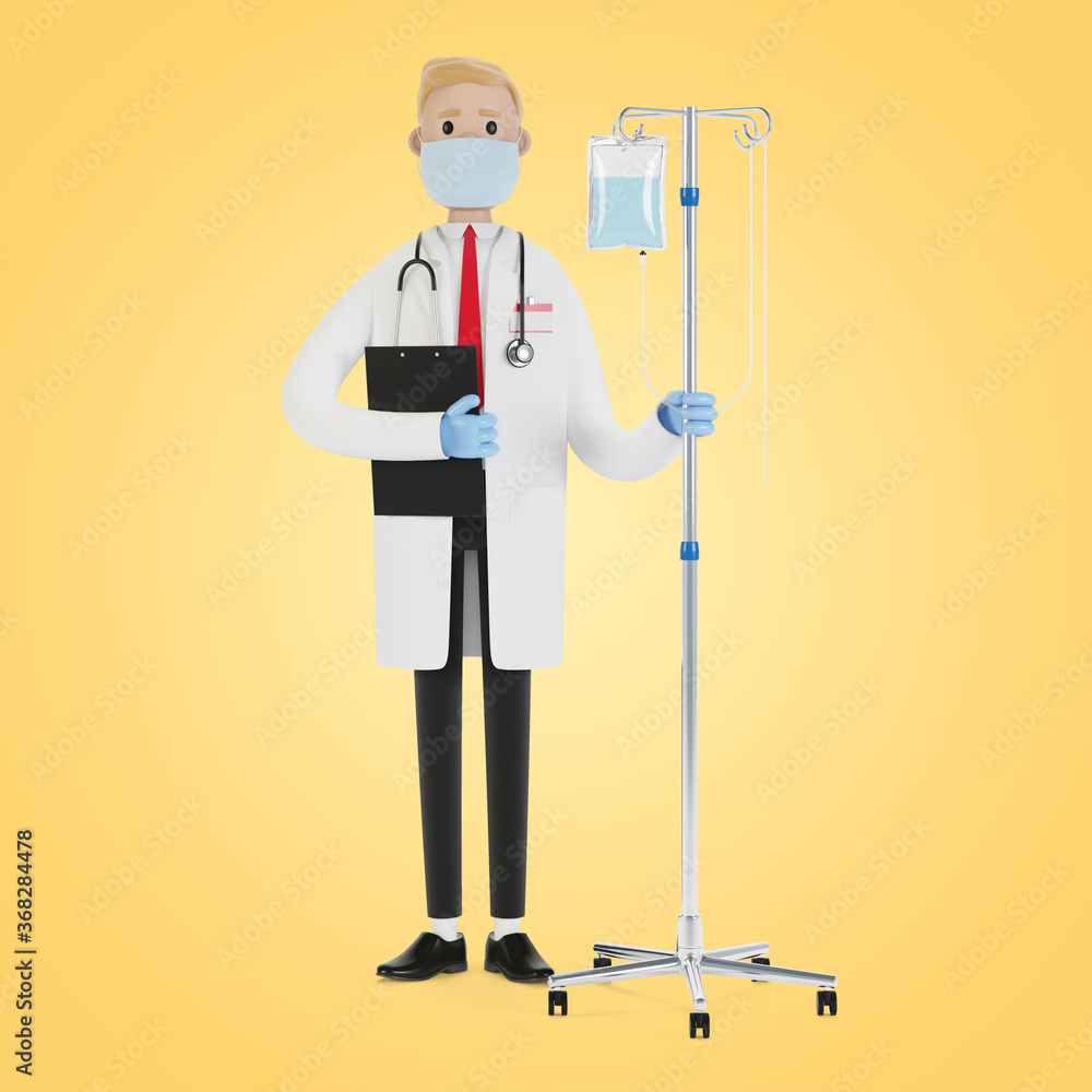 Doctor with a dropper. Toxicology, intexication, decontamination. Health care concept. Medical equipment. 3D illustration in cartoon style. Doctor with a dropper. Toxicology, intexication, decontamination. Health care concept. Medical equipment. 3D illustration in cartoon style.