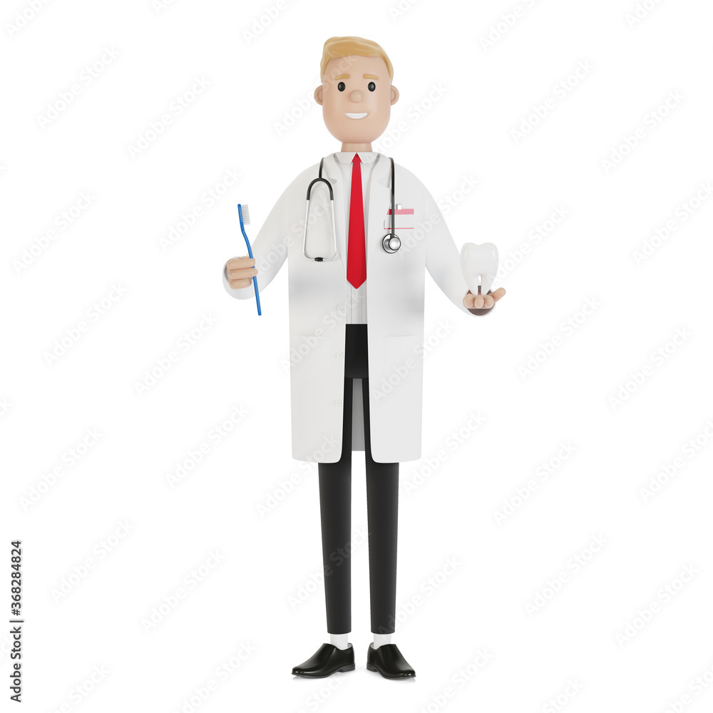 Doctor with a toothbrush and a tooth in his hands. Tooth treatment and oral hygiene. 3D illustration in cartoon style. Doctor with a toothbrush and a tooth in his hands. Tooth treatment and oral hygiene. 3D illustration in cartoon style.