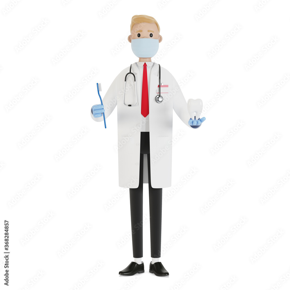 Doctor with a toothbrush and a tooth in his hands. Tooth treatment and oral hygiene. 3D illustration in cartoon style. Doctor with a toothbrush and a tooth in his hands. Tooth treatment and oral hygiene. 3D illustration in cartoon style.