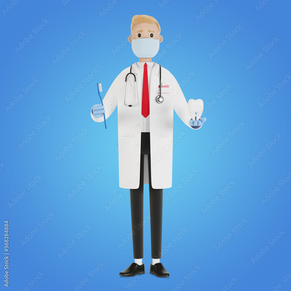 Doctor with a toothbrush and a tooth in his hands. Tooth treatment and oral hygiene. 3D illustration in cartoon style. Doctor with a toothbrush and a tooth in his hands. Tooth treatment and oral hygiene. 3D illustration in cartoon style.