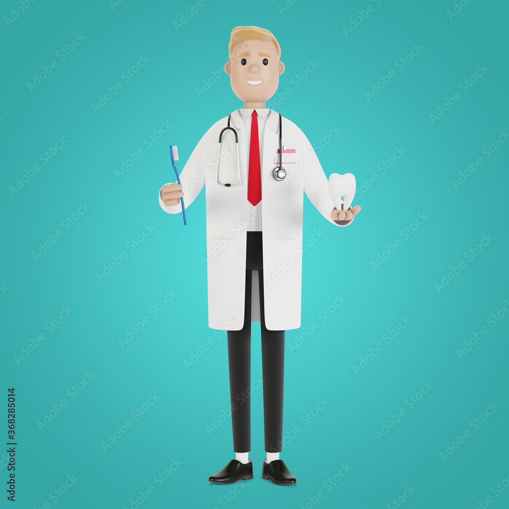 Doctor with a toothbrush and a tooth in his hands. Tooth treatment and oral hygiene. 3D illustration in cartoon style. Doctor with a toothbrush and a tooth in his hands. Tooth treatment and oral hygiene. 3D illustration in cartoon style.