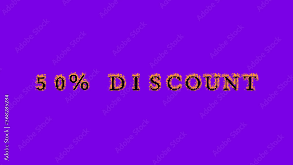 50% discount fire text effect violet background. animated text effect with high visual impact. letter and text effect. Alpha Matte. 