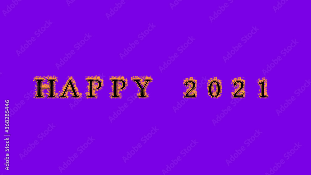 Fototapeta premium happy 2021 fire text effect violet background. animated text effect with high visual impact. letter and text effect. Alpha Matte. 