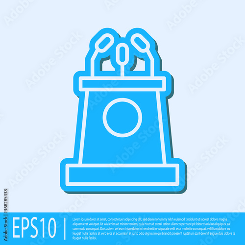 Blue line Stage stand or debate podium rostrum icon isolated on grey background. Conference speech tribune. Vector Illustration.