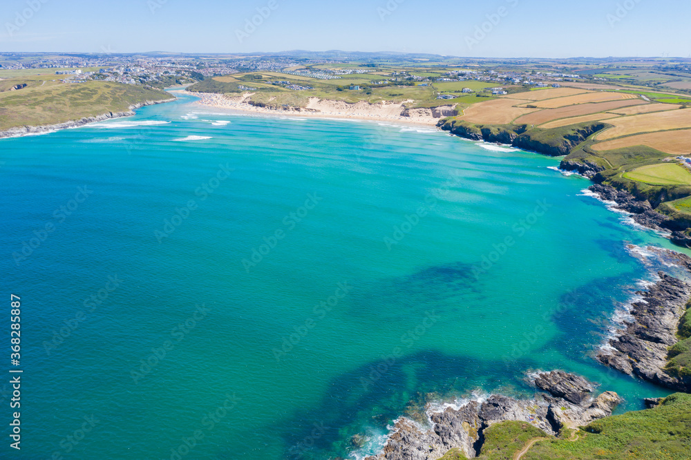 Aerial photograph of Crantock Beach and Pentire Head, Newquay, Cornwall, England