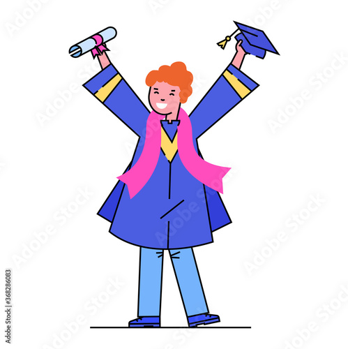 Graduation girl character, school graduation student hold diploma in hat isolated on white, flat vector illustration. Enter college or higher education institution, completion secondary education.