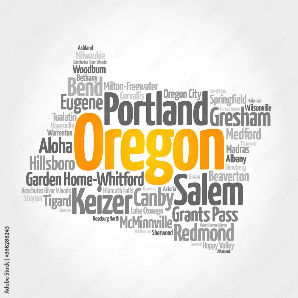 Fototapeta premium List of cities in Oregon USA state, map silhouette word cloud, map concept background