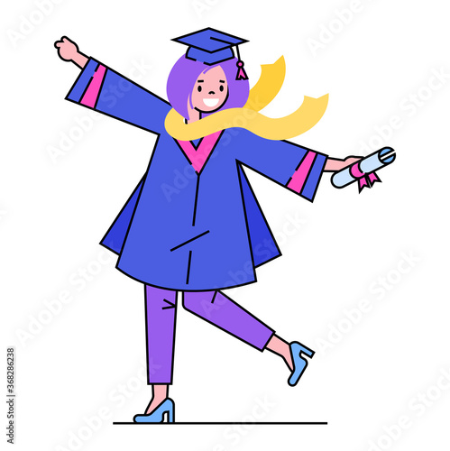 Graduation girl character, school graduation student hold diploma in hat isolated on white, flat vector illustration. Enter college or higher education institution, completion secondary education.