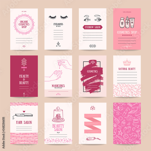 Cosmetics shop business card, beauty parlor invitation, nail salon flyer, spa procedures poster, make-up banner. Artistic vector templates set with thin line symbols and hand drawn design elements. photo