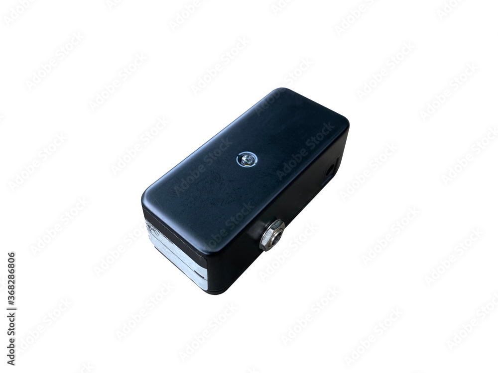 Isolated black true bypass buffer stompbox electric guitar effect for studio and stage performed on white background with clipping path. side view photo. music concept. Isolated black true bypass buffer stompbox electric guitar effect for studio and stage performed on white background with clipping path. side view photo. music concept.