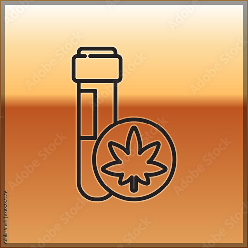 Black line Chemical test tube with marijuana or cannabis leaf icon isolated on gold background. Research concept. Laboratory CBD oil. Vector Illustration.