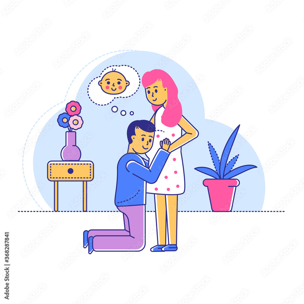 Line happy family character male female, wife say husband pregnant, cheerful man standing knees listening baby heartbeat isolated on white, flat vector illustration. Cozy room design interior. Line happy family character male female, wife say husband pregnant, cheerful man standing knees listening baby heartbeat isolated on white, flat vector illustration. Cozy room design interior.