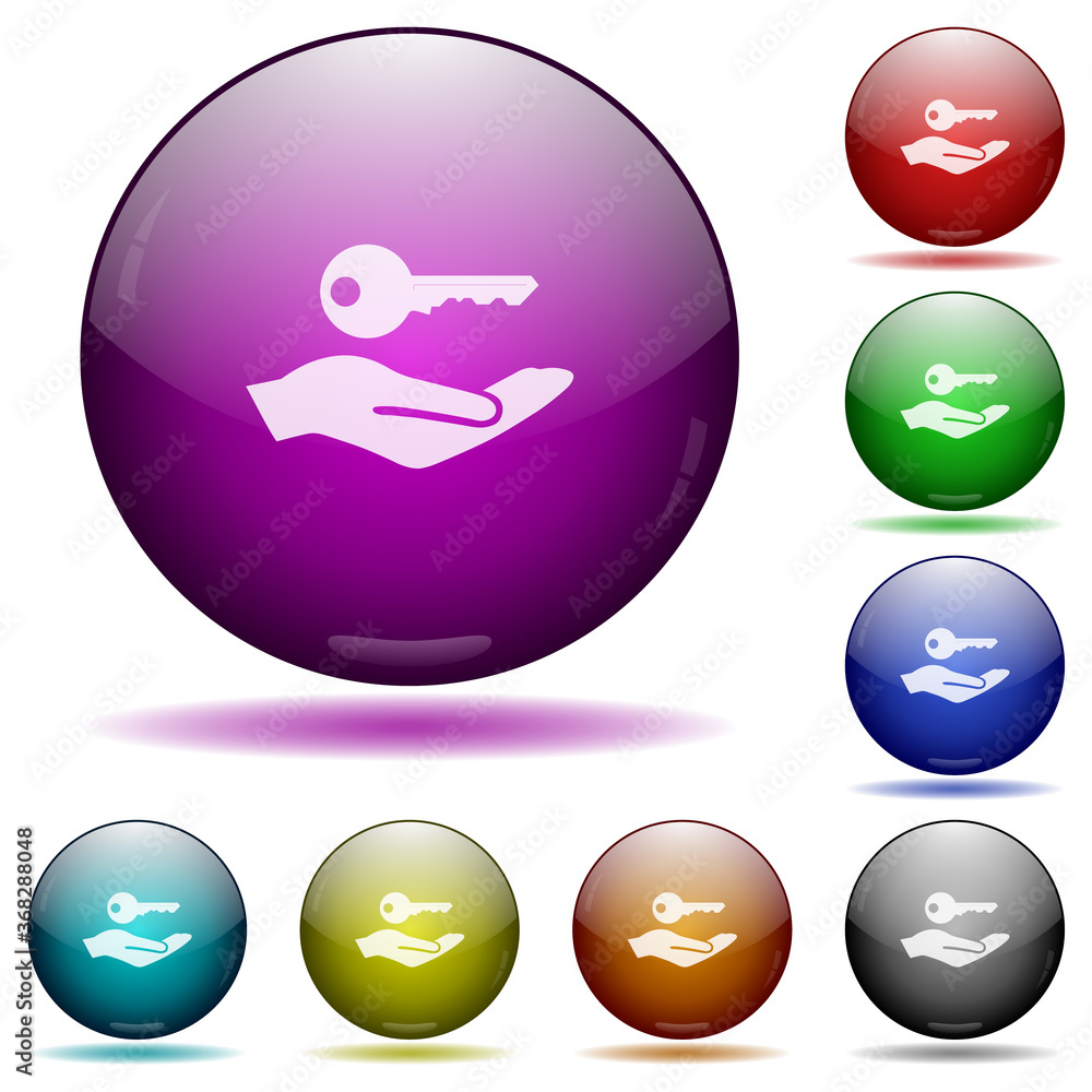 Security service icon in glass sphere buttons Security service icon in glass sphere buttons