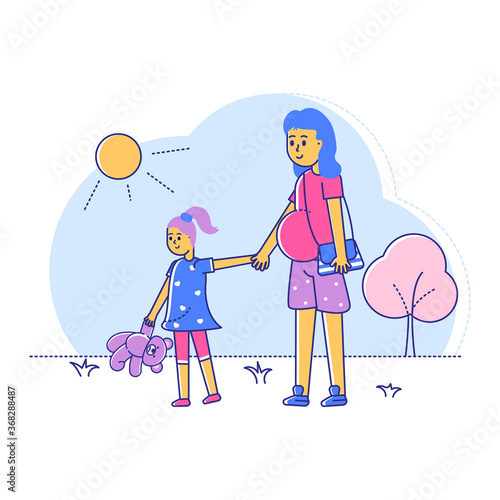 Pregnant woman walk with daughter, line female with late gestation period stroll outdoor park isolated on white, flat vector illustration. Healthy spend time, happy family saunter summer garden.