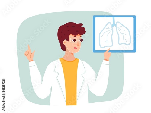 Doctor pulmonologist points to picture with human lungs