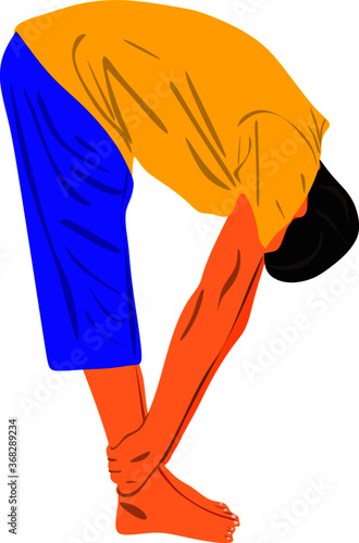 an asian man doing yoga exercise isolated wearing yellow and blue dress.