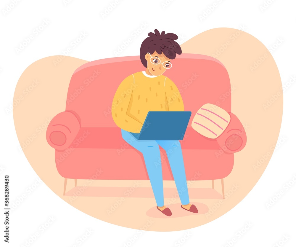 Freelancer man sitting with laptop on sofa at living room Freelancer man sitting with laptop on sofa at living room