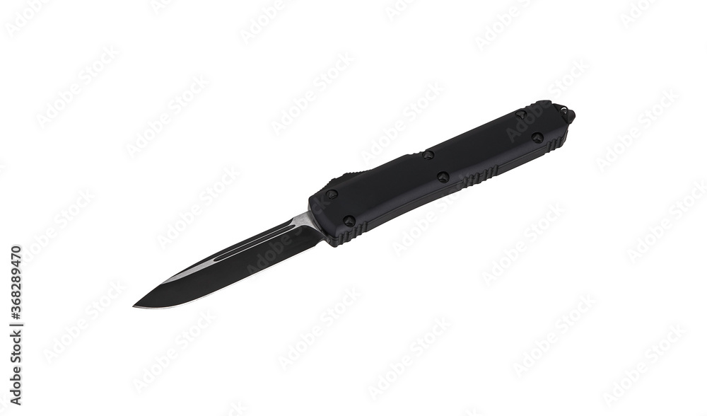 Switchblade (automatic) out-the-front (OTF) knife with black handle and black tactical blade (double edge). Pocket penknife with retractable blade Switchblade (automatic) out-the-front (OTF) knife with black handle and black tactical blade (double edge). Pocket penknife with retractable blade