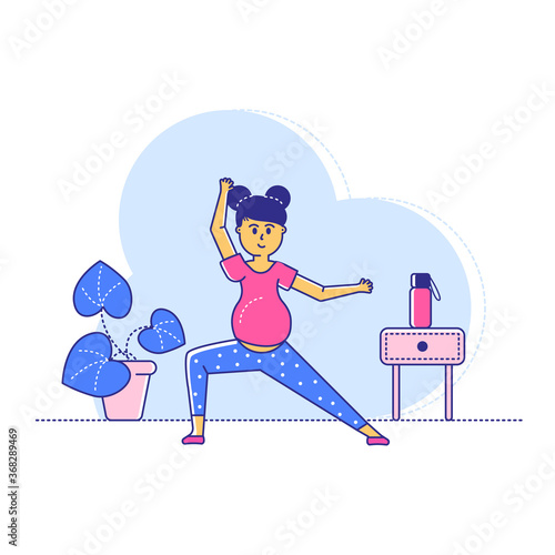 Late pregnant period yoga exercises, line woman character training sport workout isolated on white, flat vector illustration. Home active practice, female and baby health preparation.