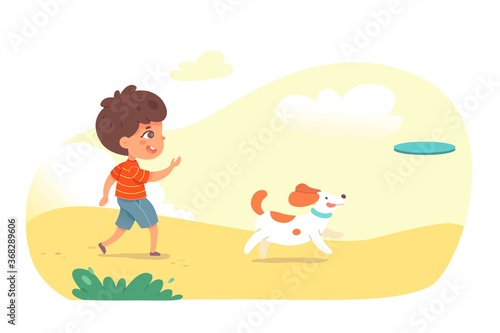 Cute boy playing with dog in flying disc