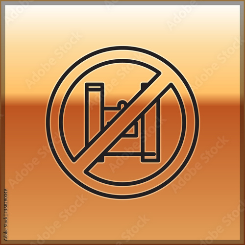 Black line Say no to plastic bags poster icon isolated on gold background. Disposable cellophane and polythene package prohibition sign. Vector Illustration.