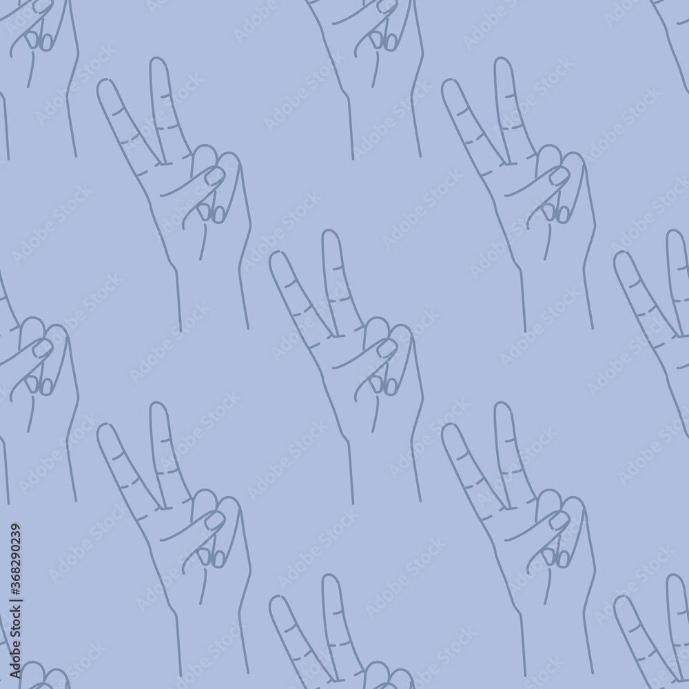 Fototapeta premium Seamless pattern of hand drawn doodle sketch peace sign. Silhouette contour on a blue background. Hand drawn expression gesture.