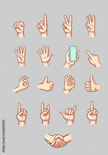 Set of hands counting, holding smartphone, pointing, showing gestures, O.K., handshake. Hand drawn vector illustration in light skin color