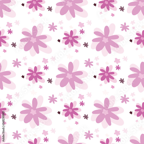 Isolated botanic seamless pattern with pink and lilac chamomile flowers. White background. Creative design. © smth.design