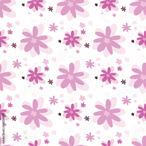 Isolated botanic seamless pattern with pink and lilac chamomile flowers. White background. Creative design.