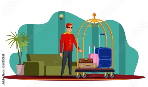 Vector bellboy with luggage trolley in hotel hall