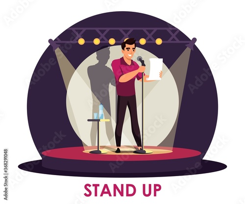 Vector comic artist performing standup on stage