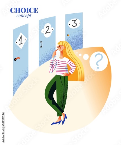 Indecision woman chooses, standing in front of three doors