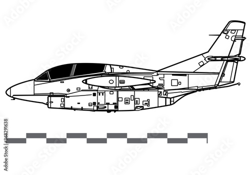North American T-2 Buckeye. Vector drawing of jet trainer aircraft. Side view. Image for illustration and infographics.