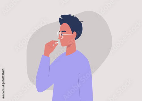 Young male character taking a pill, vitamins or painkillers, prescription drugs, medicine