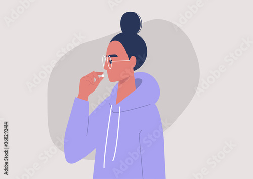 Young female character taking a pill, vitamins or painkillers, prescription drugs, medicine